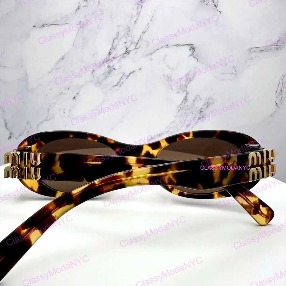 NEW MIU MIU Sunglasses Brown Oval Gold Spelled Out Logo New Authentic Tortoise